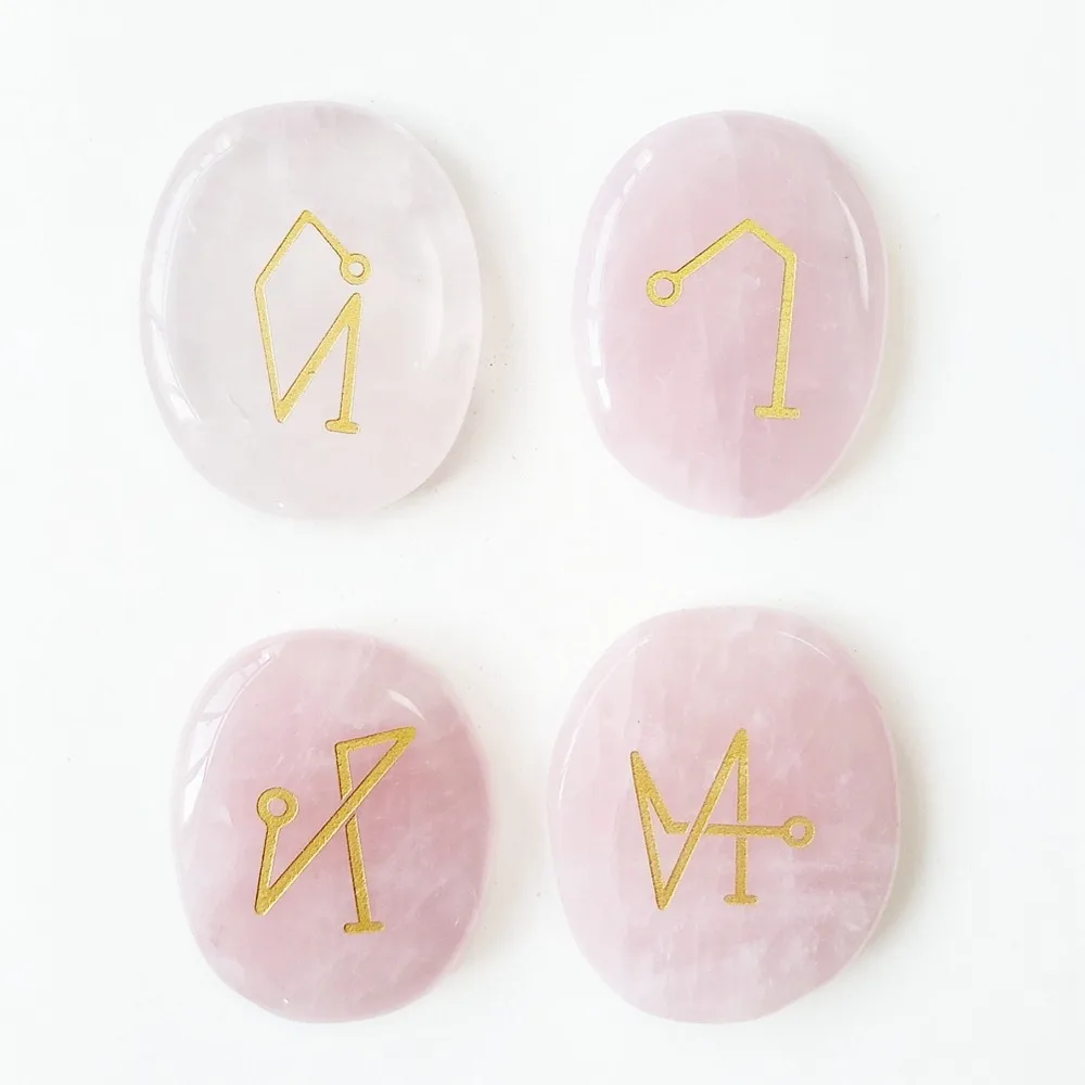 

Natural Pink Rose Quartz Crystal Engraved Archangel Symbols Set Reiki Healing Protect Palm Stones Crystals 4pcs with Bag