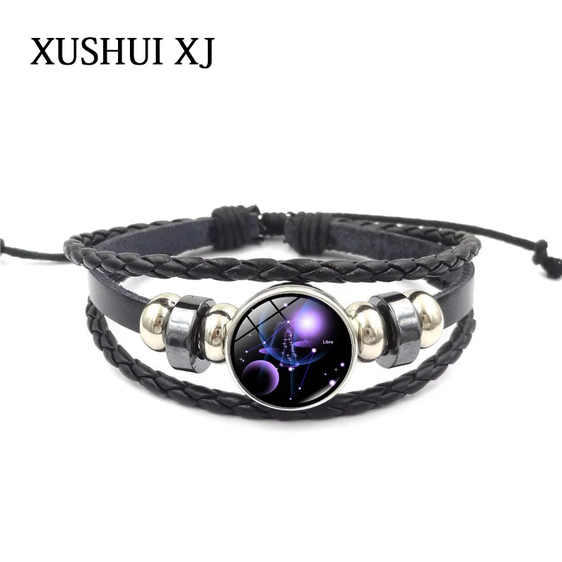 Сделай Сам 12 созвездий зодиака знаки черные кожаные браслеты стеклянные кнопки
