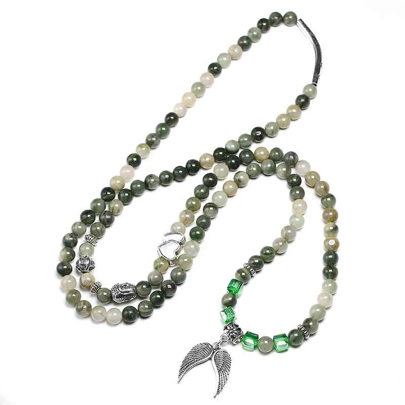 Natural Green Grass lace Agates Bracelet 108 Mala Bracelet Buddha Wing Pendant Chakra 6MM Beaded Necklace Yoga Prayer Bracelets