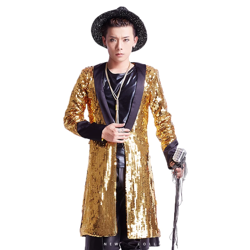 Новый бренд мужской Тренч для шоу певиц звезд ночного клуба золотой с блестками