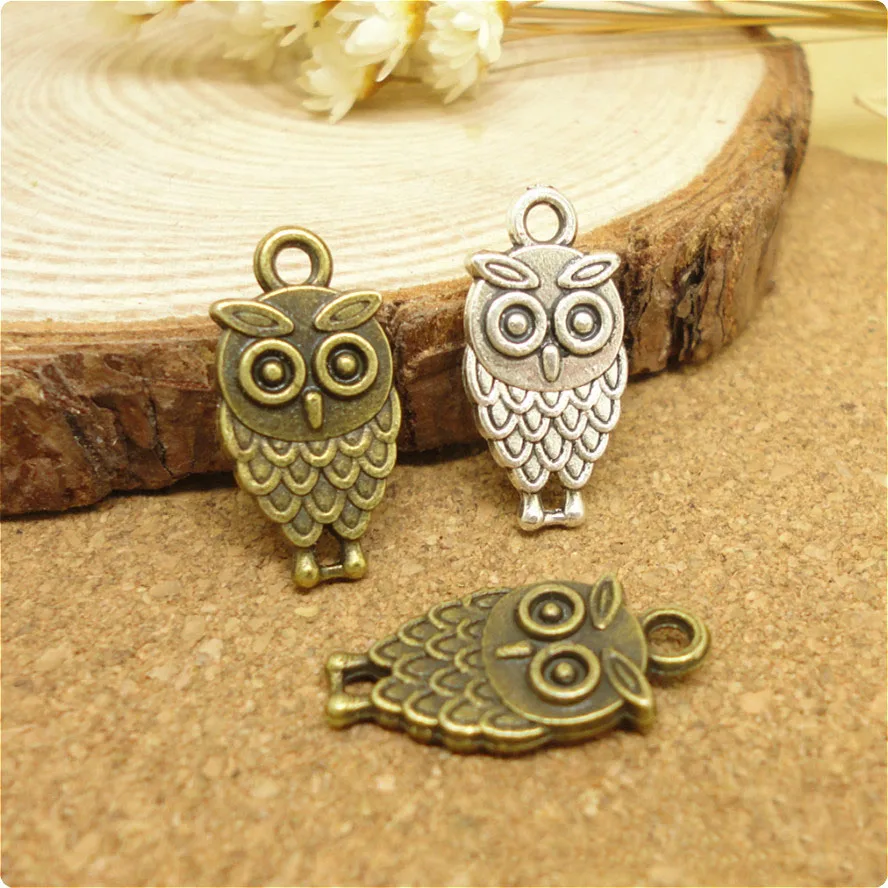 

High Quality 20 Pieces/Lot 18mm*9mm Antique Silver plated or Bronze Small Metal Owl Charms For Diy Jewelry Making