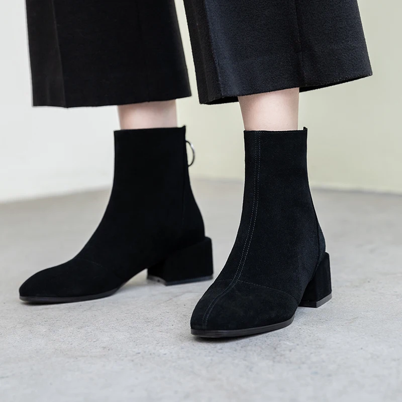 

WETKISS Thick High Heels Ankle Boots Women Zip Booties Square Toe Shoes Female Fashion Cow Suede Shoes Ladies Winter 2019 Black