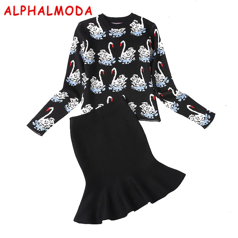 [ALPHALMODA] зимний женский вязаный свитер с узором и юбки, комплект из 2 предметов, фирменный дизайн, популярный узор, комплекты одежды