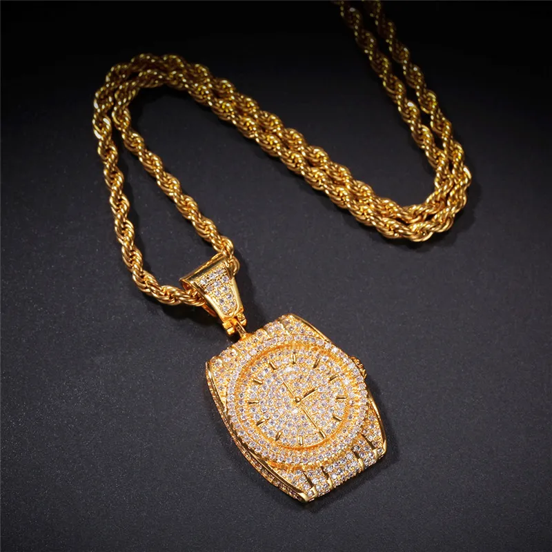 Bling Ice Out часы Форма Подвески ожерелье для мужчин 2 цвета из циркона высокого
