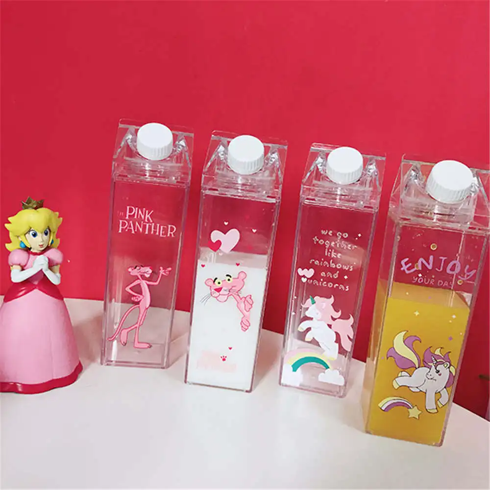 Ins Cute Pink Leopard Water Bottles Creative Milk-box Shape Bottle Transparent Portable Cartoon Unicorn Plastic Milk | Дом и сад