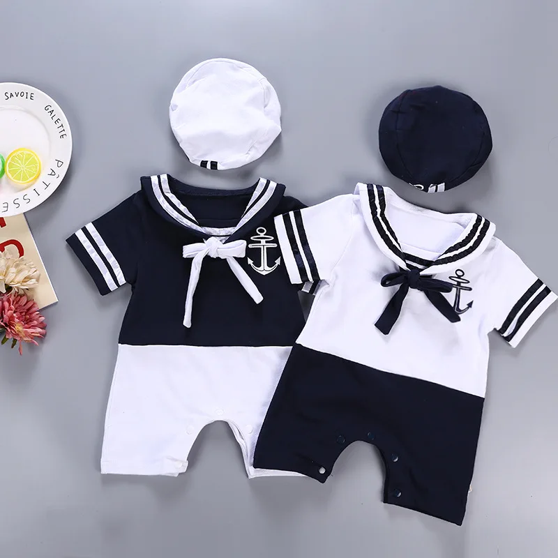 Комбинезон для младенца Sailor Baby Boy с короткими рукавами и беретом в стиле Нэви из хлопка.