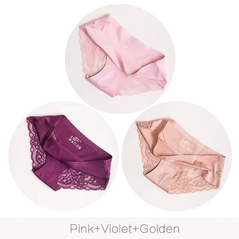 Pink Violet Golden Женские бесшовные трусы DULASI, откровенные нейлоновые трусы с хлопковой ластовицей и прозрачным кружевом, 3 шт./набор - Цвет: Pink Violet Golden