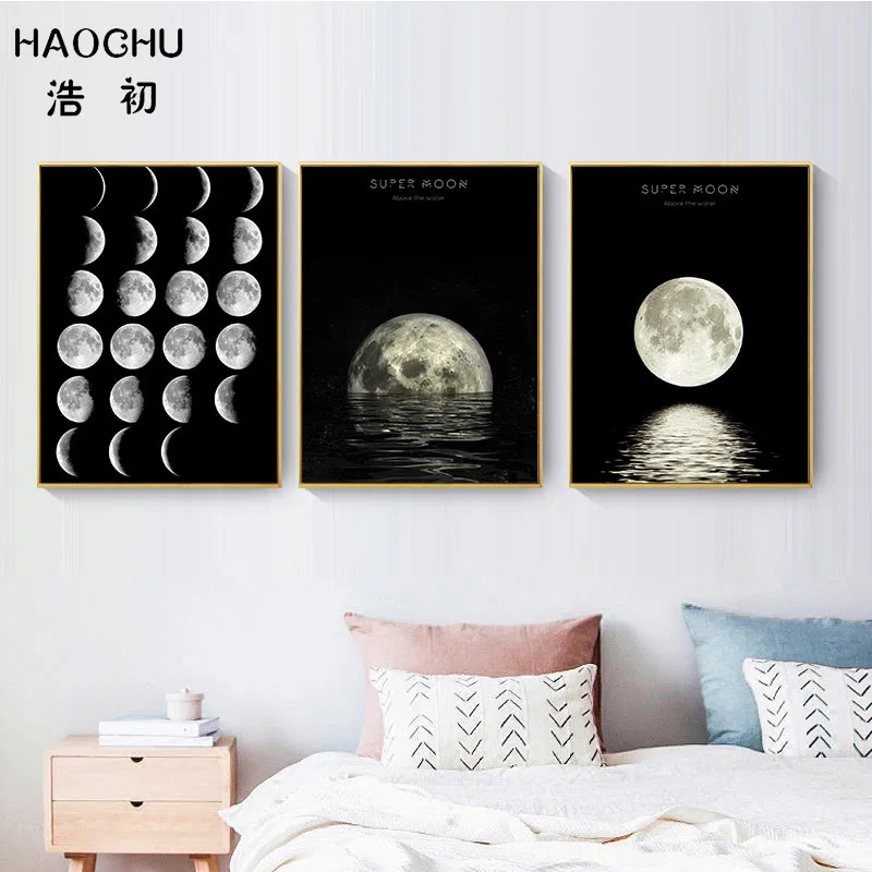 HAOCHU черно-белая абстрактная Луна звездное небо пейзаж Художественная печать