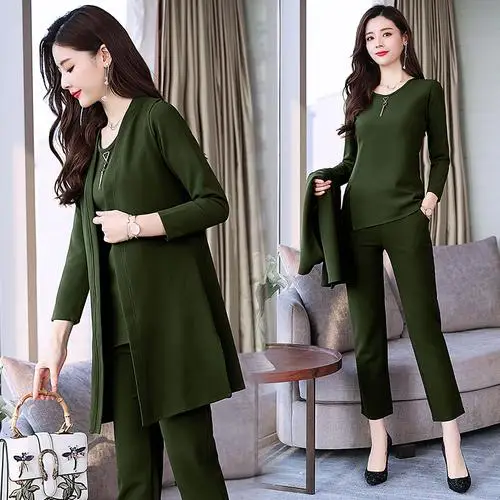 green Весенне-осенний комплект из 3 предметов, женское длинное пальто, футболка и штаны, повседневный элегантный Комплект из трех предметов, костюмы, женские костюмы - Цвет: green