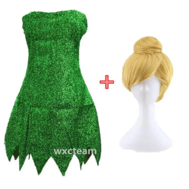 Dress and Wig Pixie Костюм Феи Тинкер Белл зеленое платье Тинкербелл Хэллоуин вечерние сексуальные косплей мини платья с париком Прямая поставка - Цвет: Dress and Wig