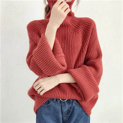 Red XIKOI осенние женские свитера с высоким воротом, свободный размер, Длинные свободные пуловеры и свитера с расклешенными рукавами, модные вязаные свитера, джемперы - Цвет: Red