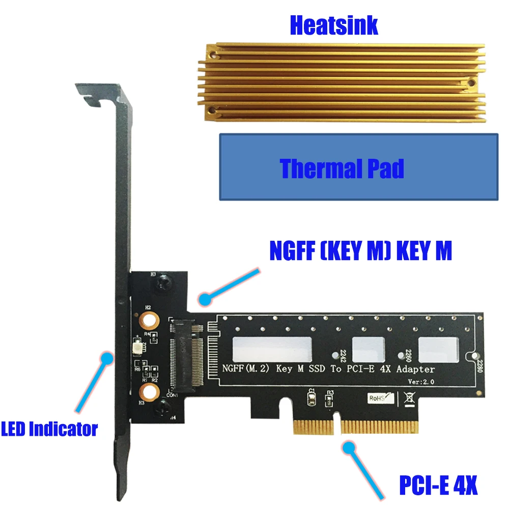 M Key M.2 для NVMe PCI e SSD NGFF типа PCIE Express 3 0 4X адаптер карта с радиатором поддержка 2242 2260