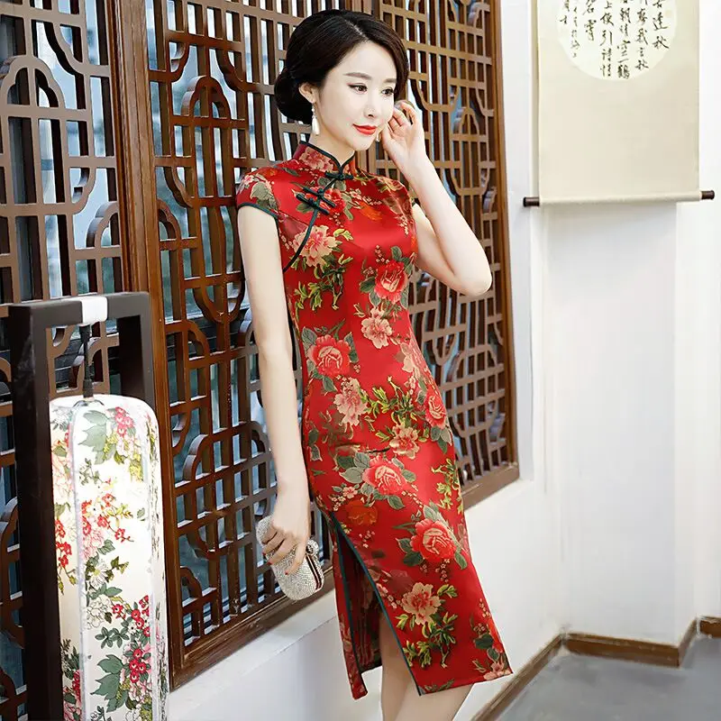 

2019 New Fashion Knee Length Cheongsam Chinese style Mandarin Collar Dress Womens Summer Rayon Qipao Slim Party Dresses Vestido