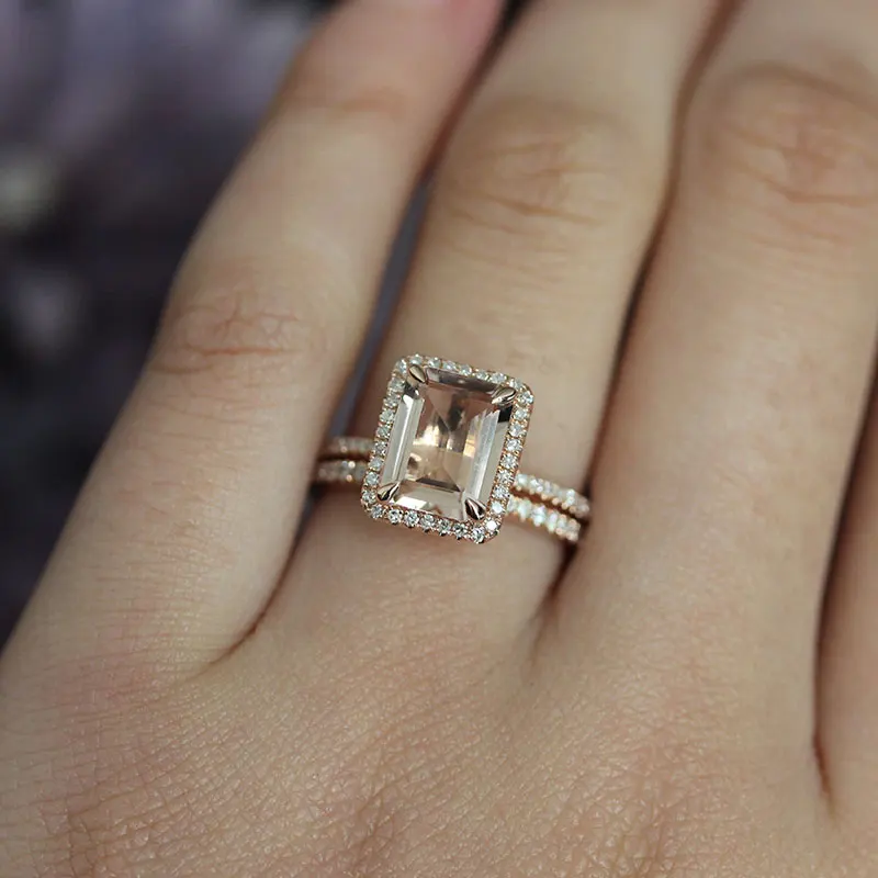 

DUPUY 7*9 Morganite Ring Fine Diamond Wedding Rings Art 2 Pcs 14K Rose Gold Diamond Set Lady Wedding Ring Jewelry D180375