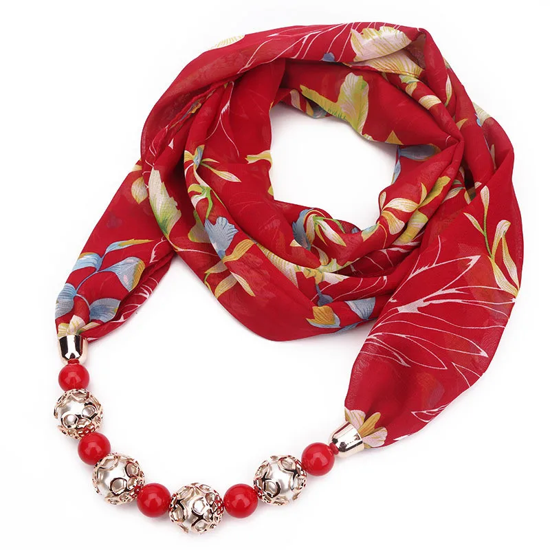 Женский шифоновый шарф ожерелье с цветочным принтом и бусинами|fashion necklace|necklace