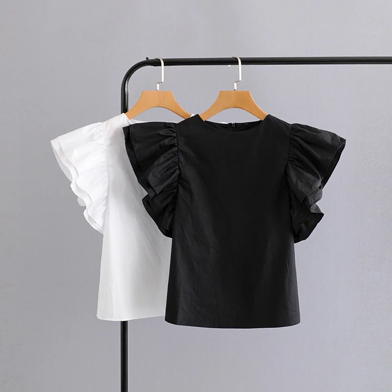 Женская блузка с рукавами в виде бабочки черная белая на молнии сзади коротким