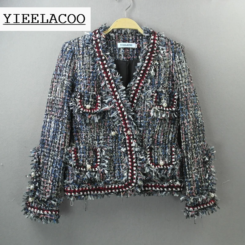Женская твидовая куртка декоративная тканая с v образным вырезом осенне зимняя