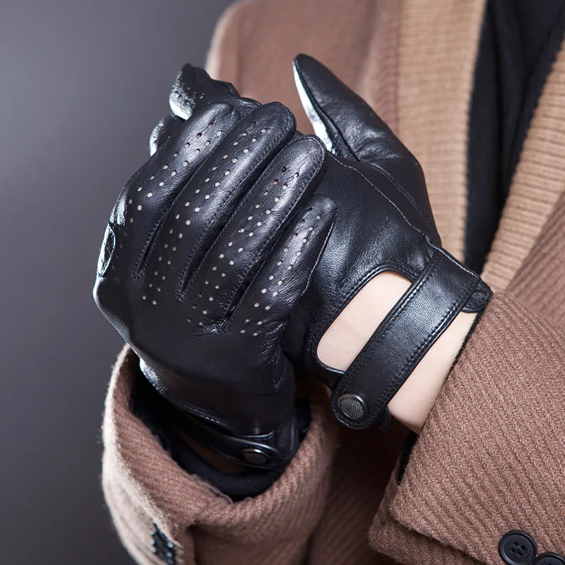 Men Black Genuine Leather  Gloves Fashion Casual Breathable Sheepskin Glove Five Fingers Male Driving Leather Gloves  14-5