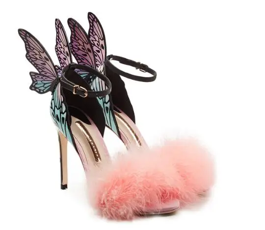 

Summer Womens High Heel Sandals Thin High Heels Wedding Rabbit Hair Sandals Pink Wings Shoes zapatos de mujer size 35-42