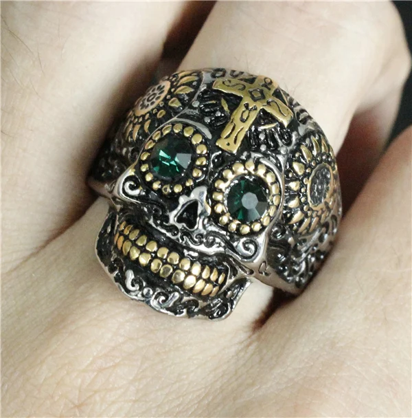 Drop Ship Size 7-14 Cool Fashion Gold Cross Jesus Skull Ring With Green Eyes 316L Stainless Steel Motorcycles Biker | Украшения и