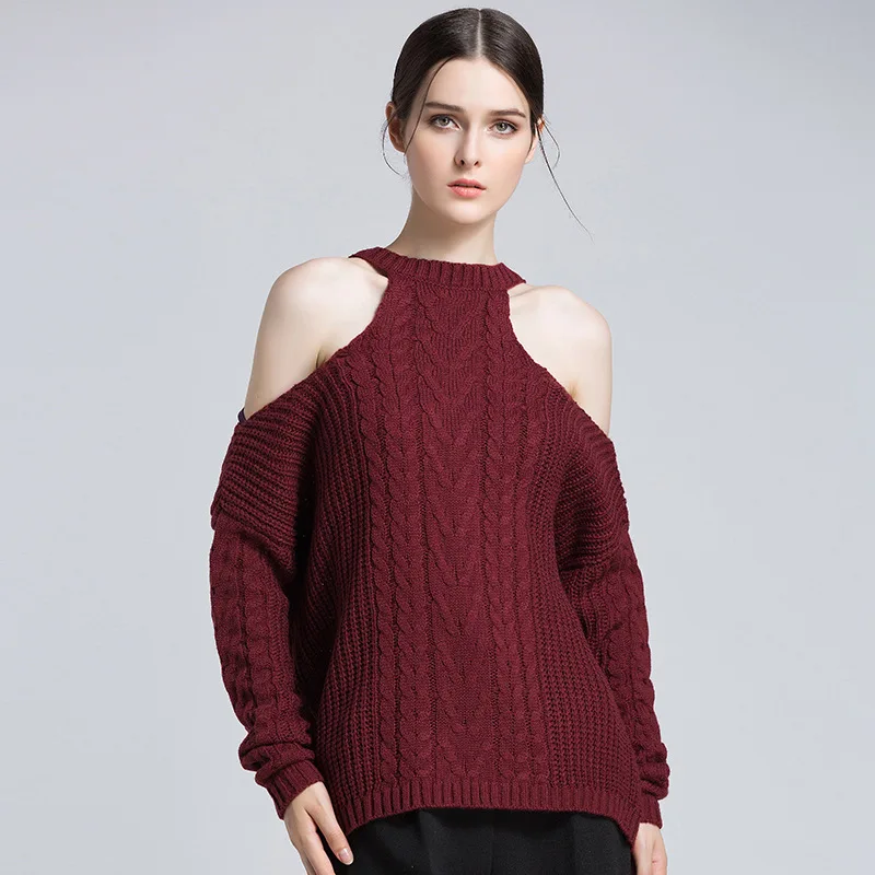 New Women's Knit Wine Red Sweater Sexy Off-the-shoulder Hollow Harajuku Long-sleeved Pullover Thick Warm Loose Clothing Female | Женская