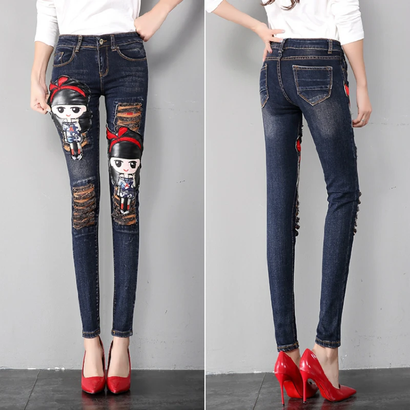Джинсы карандаш женские рваные с завышенной талией батальных размеров|Узкие