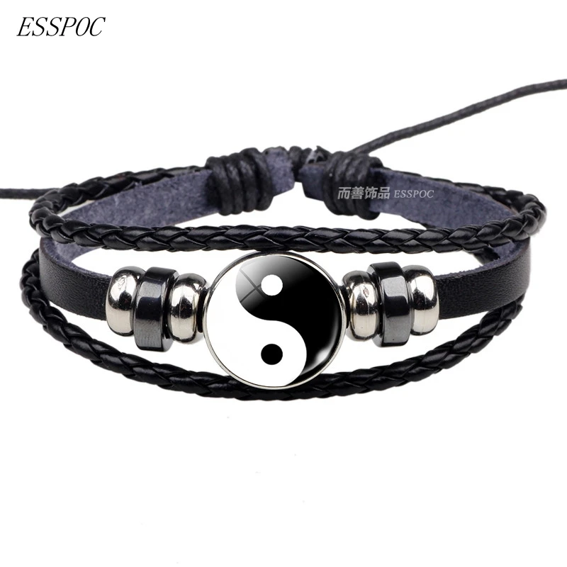 Кожаный браслет со стеклянным кабошоном Yin Yang Tai Chi украшения плетеные