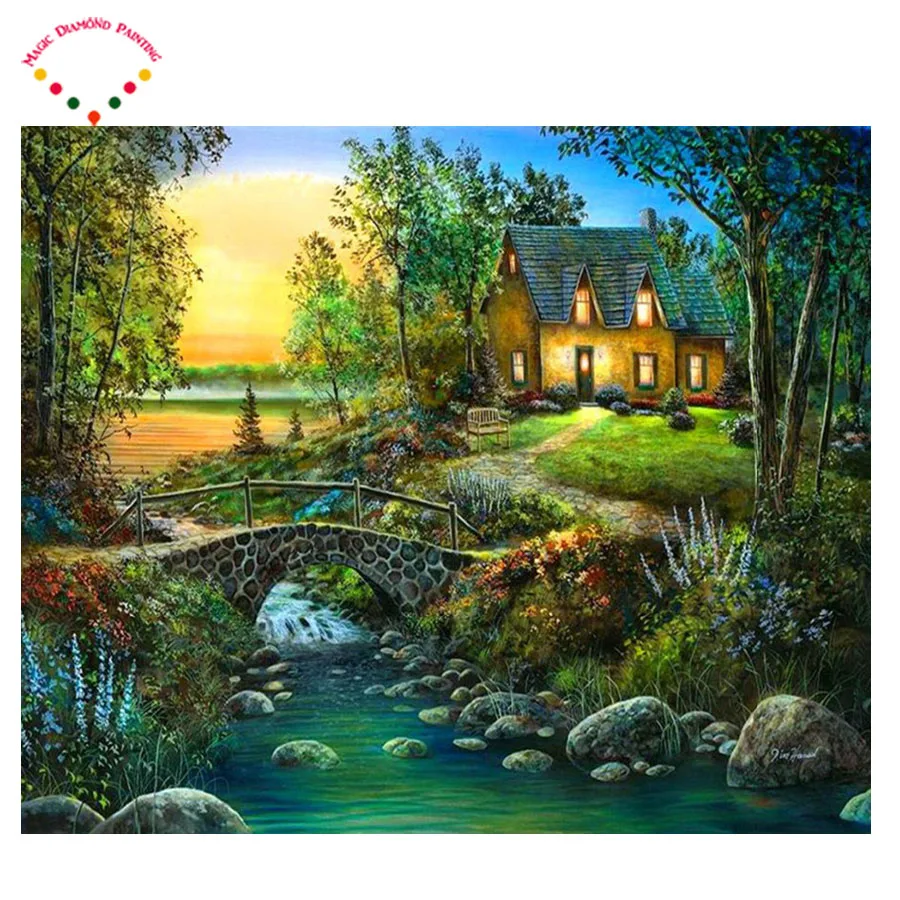 Beauty Life Diamond Mosaic Landscape dimensional embroidery 5D Small bridge DIY diamond painting Country cabin nature | Дом и сад