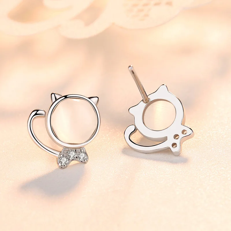 S925 sterling silver earrings small fresh cute micro-inlaid zircon opal kitten women's gift | Украшения и аксессуары