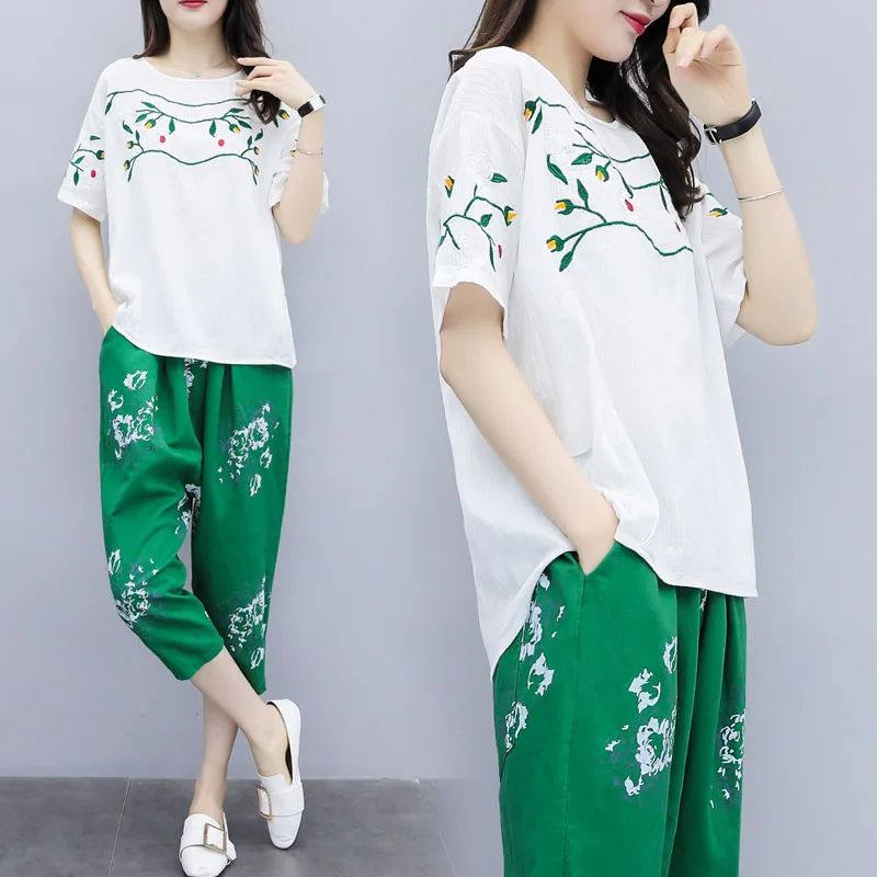 Женский комплект из 2 предметов топ и брюки хлопковый конопляной ткани Femme Deux Pieces