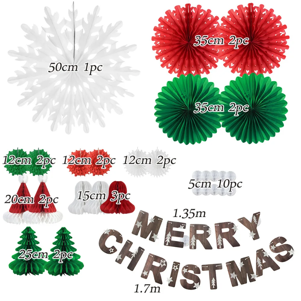 29pcs Xmas Decorations Set Merry Christmas Banner Tissue Paper Honeycomb Santa Hat Tree Bells Snowflake Fans Balls Noel Holiday | Дом и сад