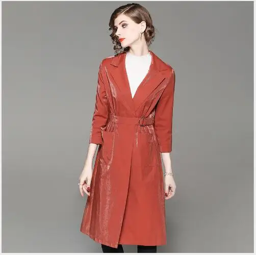 Для женщин Тренч 2018 Новый Осень Длинная Куртка с секциями Slim Fit однотонный плащ
