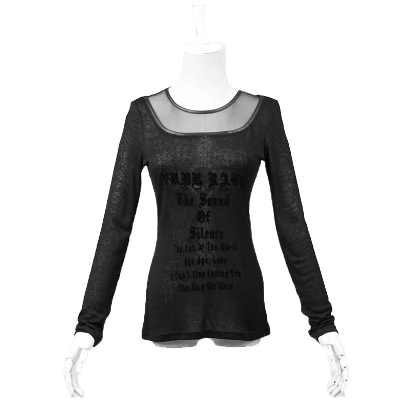 PUNK RAVE Gothic Punk Style Long Sleeve Tees Black Cross Knitted Full Color Printed Women T-Shirt | Женская одежда