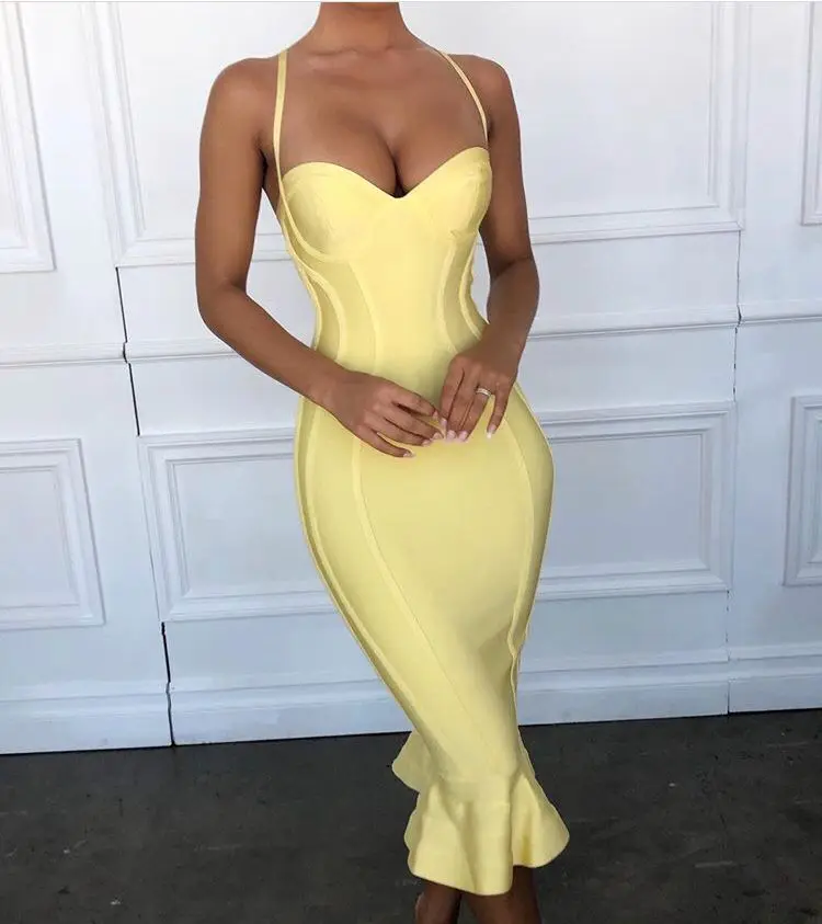 

2019 New Summer Yellow Color Ladies HL Bandage Dress Off the SHoulder Sexy Bodycon Mid-calf Dress Club Night Dress