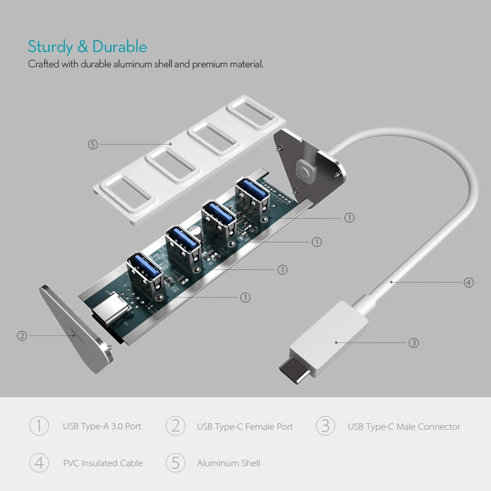 USB концентратор dodocool алюминиевый на 4 порта 3 0 с портом Type C|4 port usb 3.0|4 usbport |
