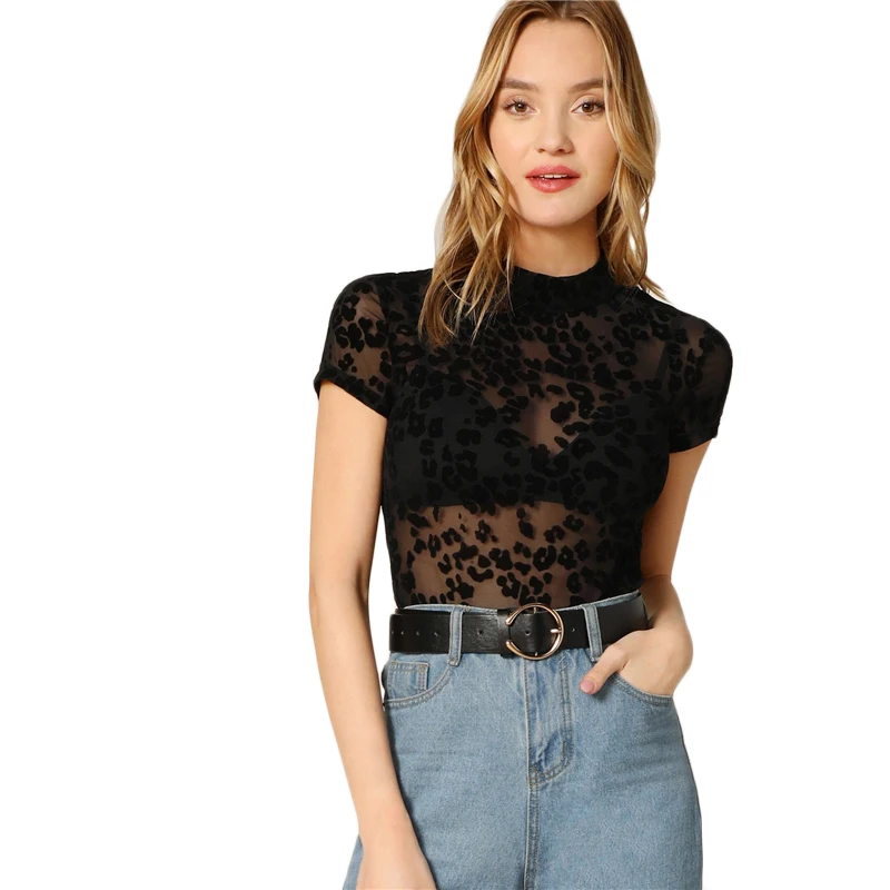 SHEIN черная леопардовая сетчатая Прозрачная Футболка без бюстгальтера, облегающая футболка с коротким рукавом, Женская эластичная Летняя Сексуальная футболка со стоячим воротником