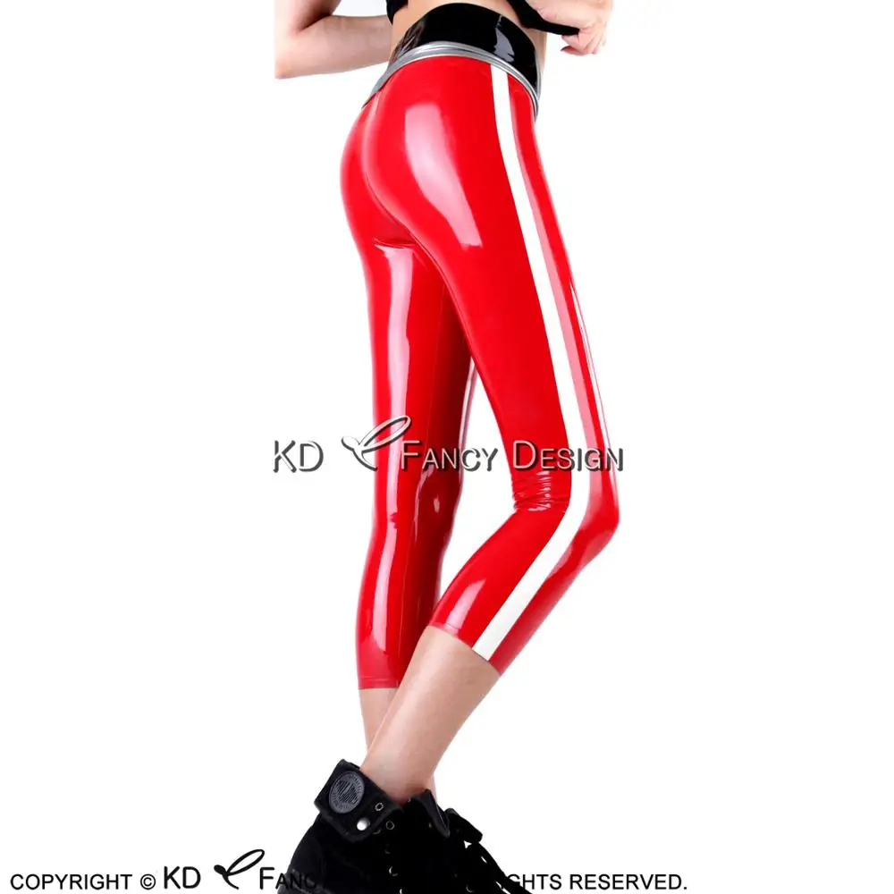 Sexy Latex Leggings Calf Length With Stripes And Lacing Front Rubber Pants Jeans Trousers Bottoms CK-0052 |