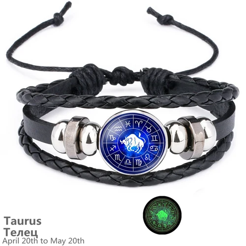 Taurus Светящийся 12 Созвездие Знак зодиака черный кожаный браслет Рак Лев Дева весы Тканые Стеклянные купольные украшения панк мужской браслет - Окраска металла: Taurus