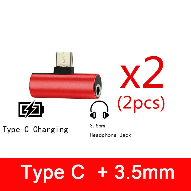 2pcs Red Двойные наушники 3,5 мм разъем тип c 2 в 1 аудио зарядное устройство для huawei nova 5 Pro nova 5 Honor Magic 2 Чехол аудио Chraging USB C кабель - Цвет: 2pcs Red