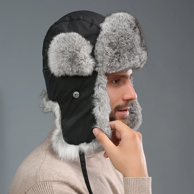 Men Real Rabbit Fur Bomber Hats Women Winter Warm Ushanka Russian Snow Hat with Earmuffs Trapper Cap Earflap | Аксессуары для