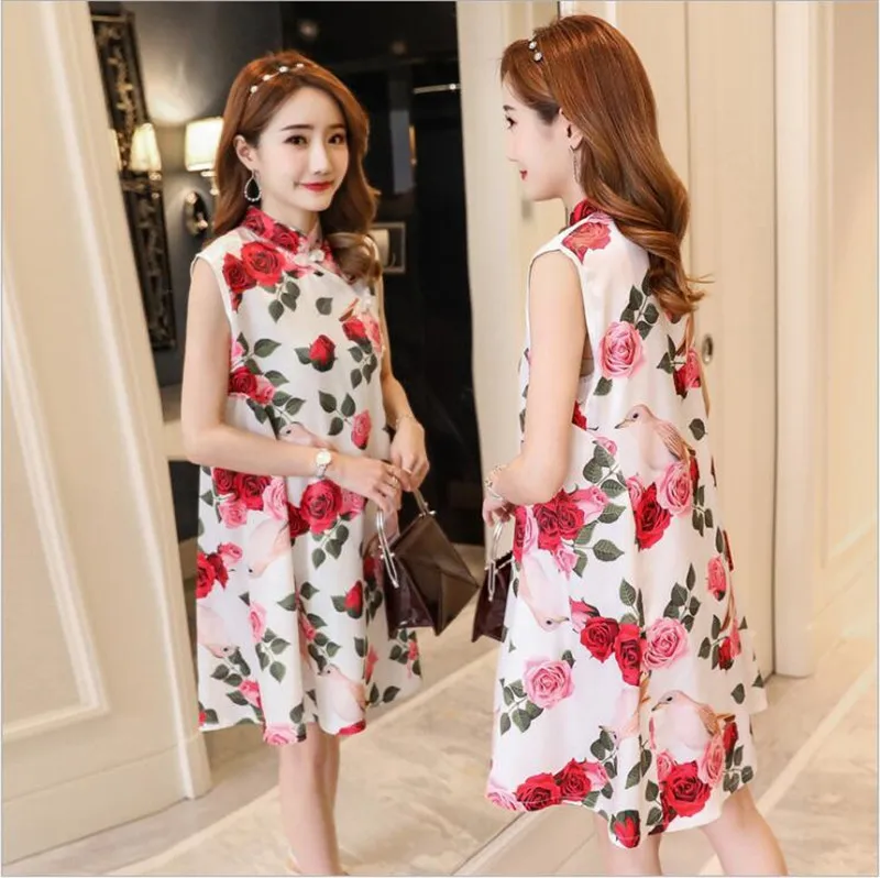 Китайское платье элегантное Чонсам для беременных без рукавов с цветочным