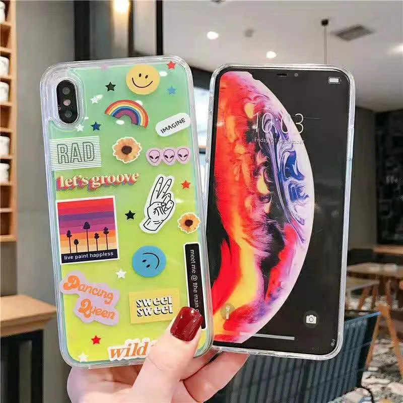 Светящийся чехол с неоновым песком и надписью smile для iPhone XR XS max X 6 7 8 plus, светится в темноте, жидкий блеск, зыбучий песок, задняя крышка