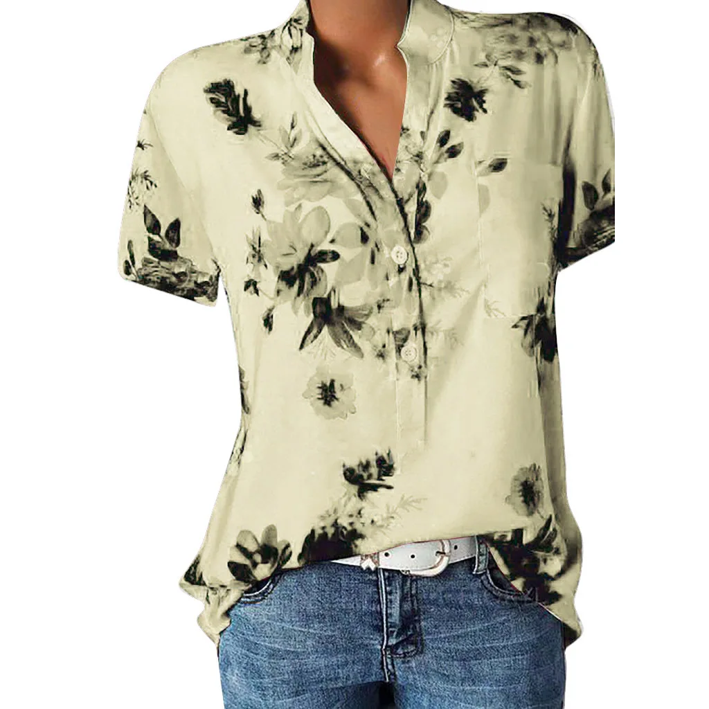 Light Yellow Женщины с цветочным принтом блузка рубашка с коротким рукавом блузка на пуговицах рубашки с v-образным вырезом Повседневные топы блузки Сексуальные женские блузки рубашка мода плюс размер 5XL - Цвет: Light Yellow
