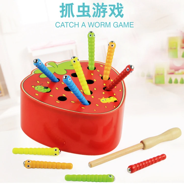 3D Puzzle Baby Wooden Toys Early Childhood Educational Toys Catch Worm Game Color Cognitive Strawberry Grasping Ability funny