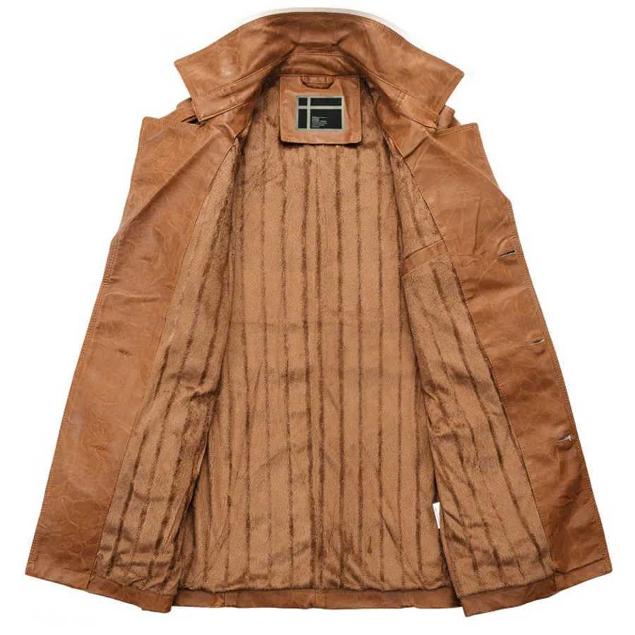 Бренд моды длинный кожаный куртка пальто мужское ПУ Для мужчин S кожаная флис