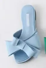 3.5cm Heels Blue Летняя шелковая обувь с бантом; женские сандалии с большим бантом; шлепанцы на низком Плоском Каблуке; женские Вьетнамки с бантом; сандалии с квадратным носком; шлепанцы без задника - Цвет: 3.5cm Heels Blue