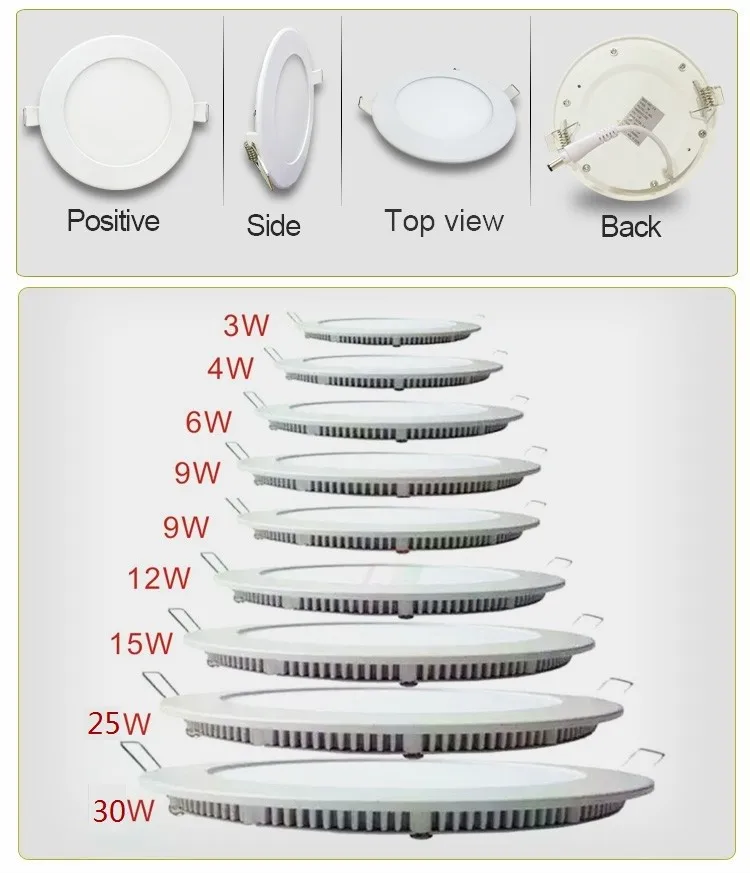 20 piezas Ultra delgado Panel Led Downlight w 6w 9w 12w 15w 25w ronda de techo foco empotrable AC85-265V Painel interior de la lámpara de iluminación