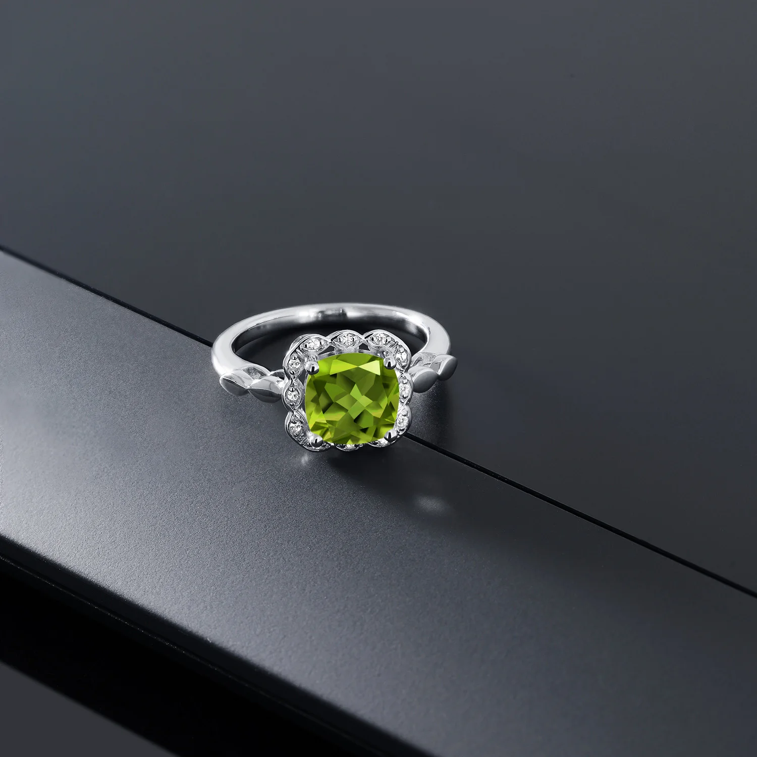 GemStoneKing 2 55 Ct ПОДУШКА Зеленый Перидот Белый сапфир кольцо из стерлингового серебра