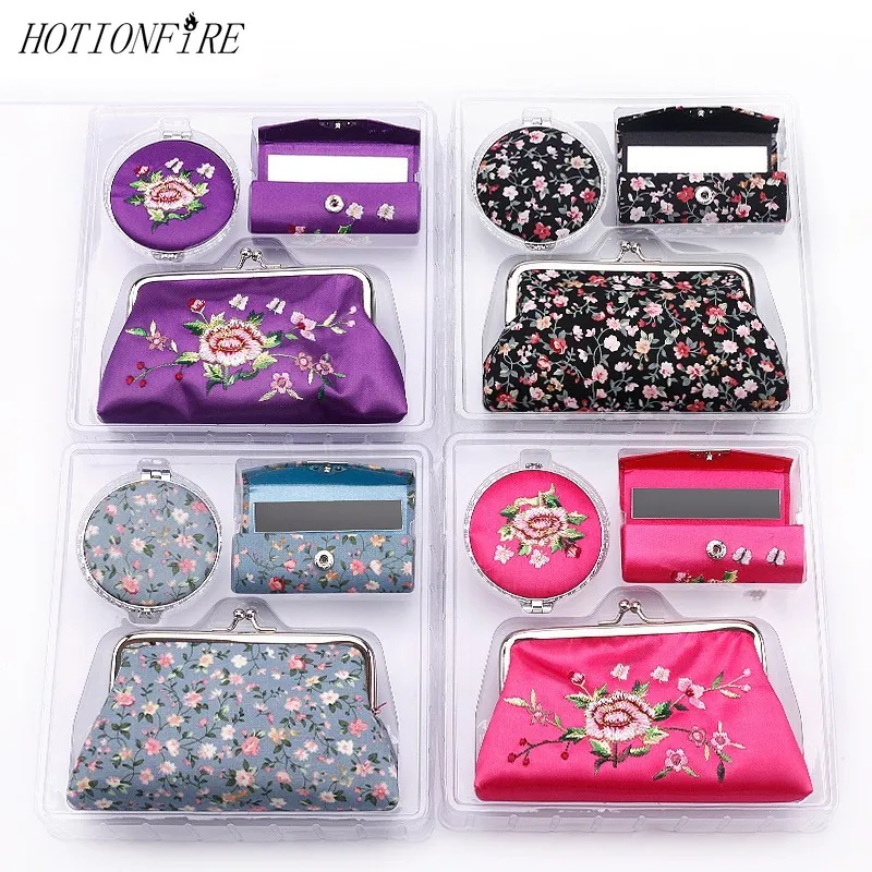 

Women Embroidery Mirror Lipstick Box Purse Three-piece Set The Portable Floral Pink Black Blue Make Up Bag Special