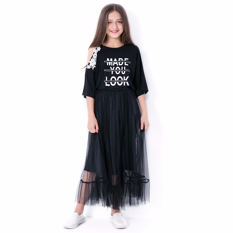 Комплект из 2 предметов; Кружевная футболка с открытыми плечами+ длинное Сетчатое платье для девочек-подростков; летняя праздничная одежда